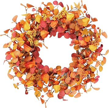 Sggvecsy Artificial Fall Wreath 20 Autumn Front Door Wreath with Eucalyptus Leaves Berries Small Pumpkins Lantern Fruit for Outside Indoor Wall Window Festival Thanksgiving Autumn Harvest Decor