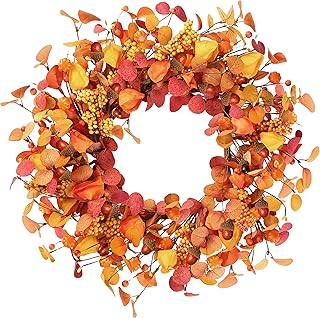 Sggvecsy Artificial Fall Wreath 20’’ Autumn Front Door Wreath with Eucal...
