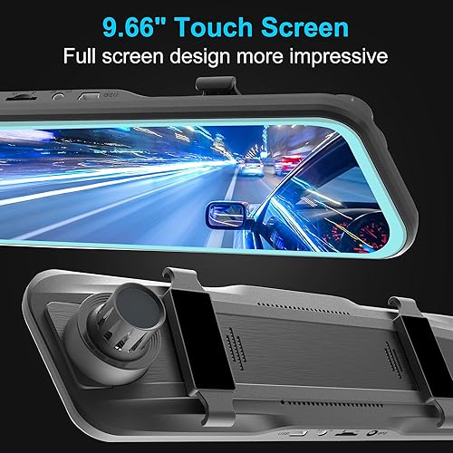 Miniatura 3 de Lcsiuco Cámara de salpicadero con espejo, cámara frontal y trasera, pantalla táctil IPS de 9.66 pulgadas, versión nocturna, medios de vapor, monitor