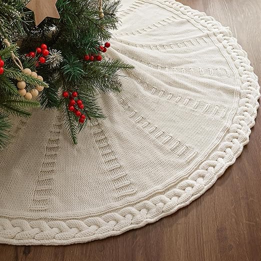 48 Inch Christmas Tree Skirt: Braided Cable Knit Tree Skirt for 7.5FT Tree, Cream White Tree Skirt, Vintage Tree Skirts, Rustic Farmhouse Christmas Decorations