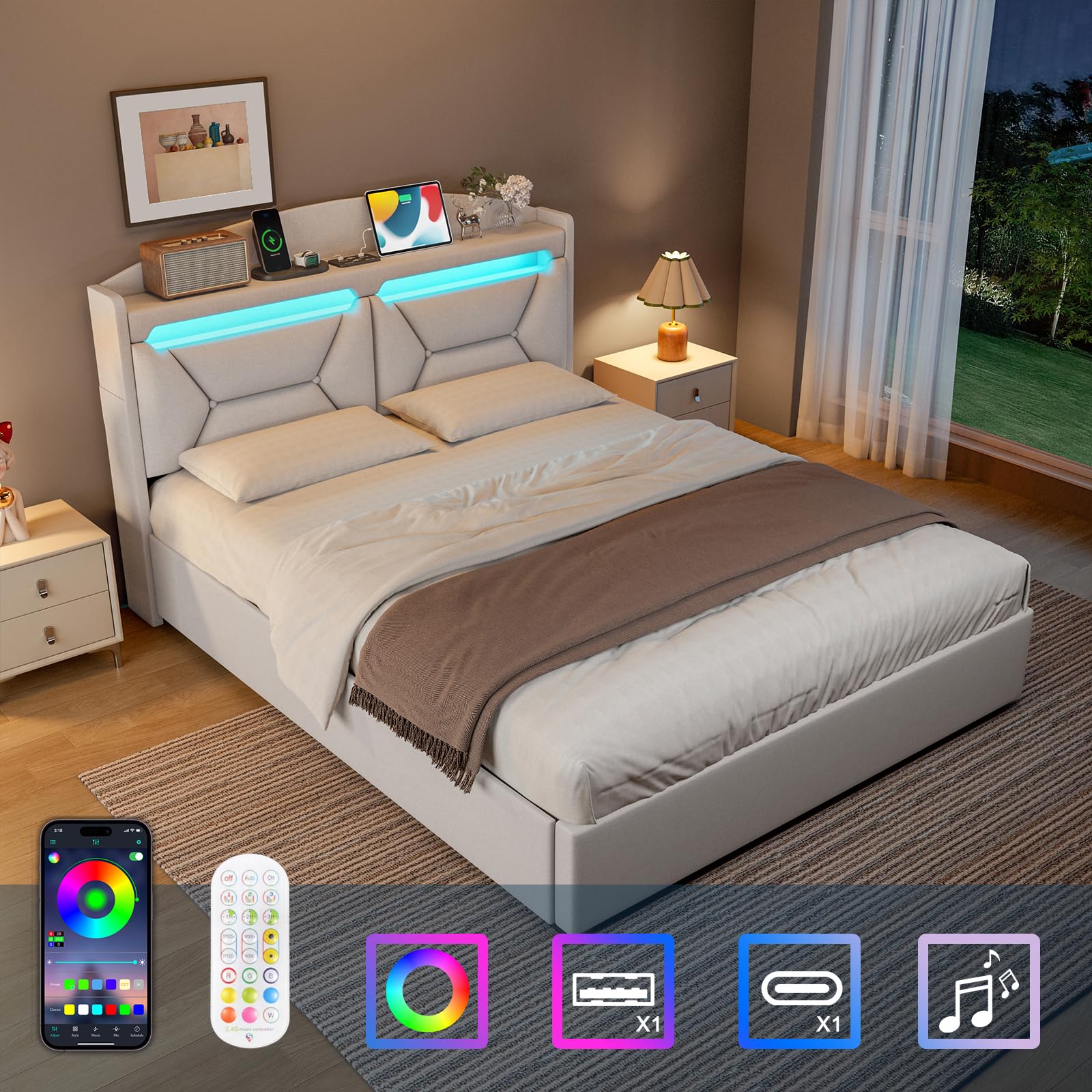 Letto Matrimoniale con Contenitore 140x200 cm, Letti Matrimoniali con LED, USB e Type-C, Letto Contenitore Idraulico, Letti Matrimoniali con Doghe, Beige Lino, Senza Materasso
