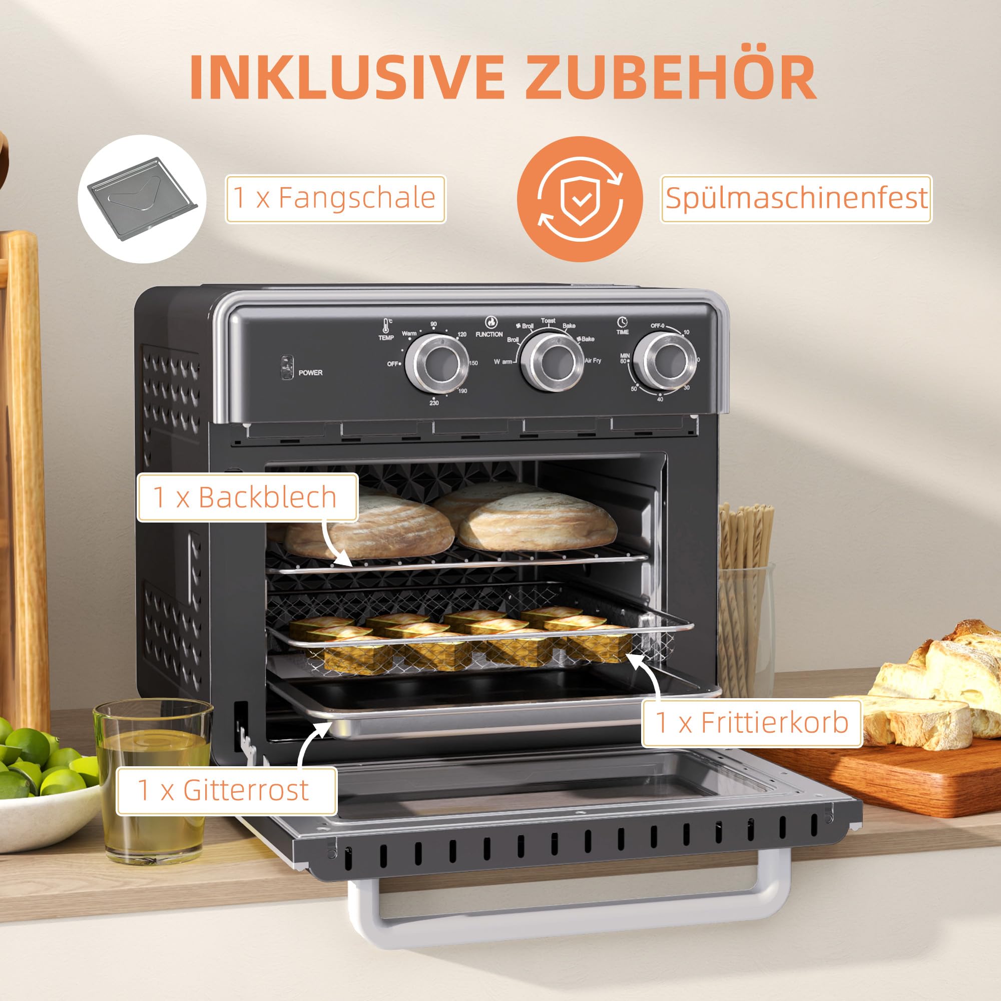 HOMCOM Mini-four à chaleur tournante 20L Mini four avec plaque de cuisson, grille et ramasse-miettes, 90 °C-230 °C Friteuse à air chaud avec 5 modes, panier à friture, minuterie 60 min, 1400W, métal