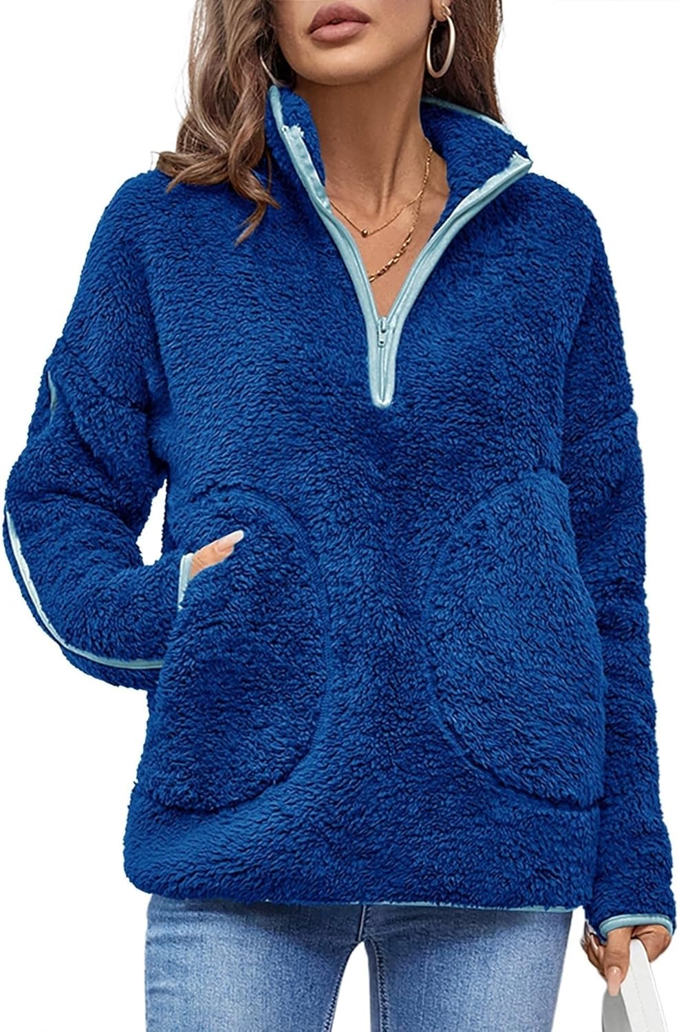 LOMON Womens Fuzzy Fleece Half-Zip Pullover Sweatshirt with Pockets Fall Lapel Long Sleeve Casual Outerwear - Image 3