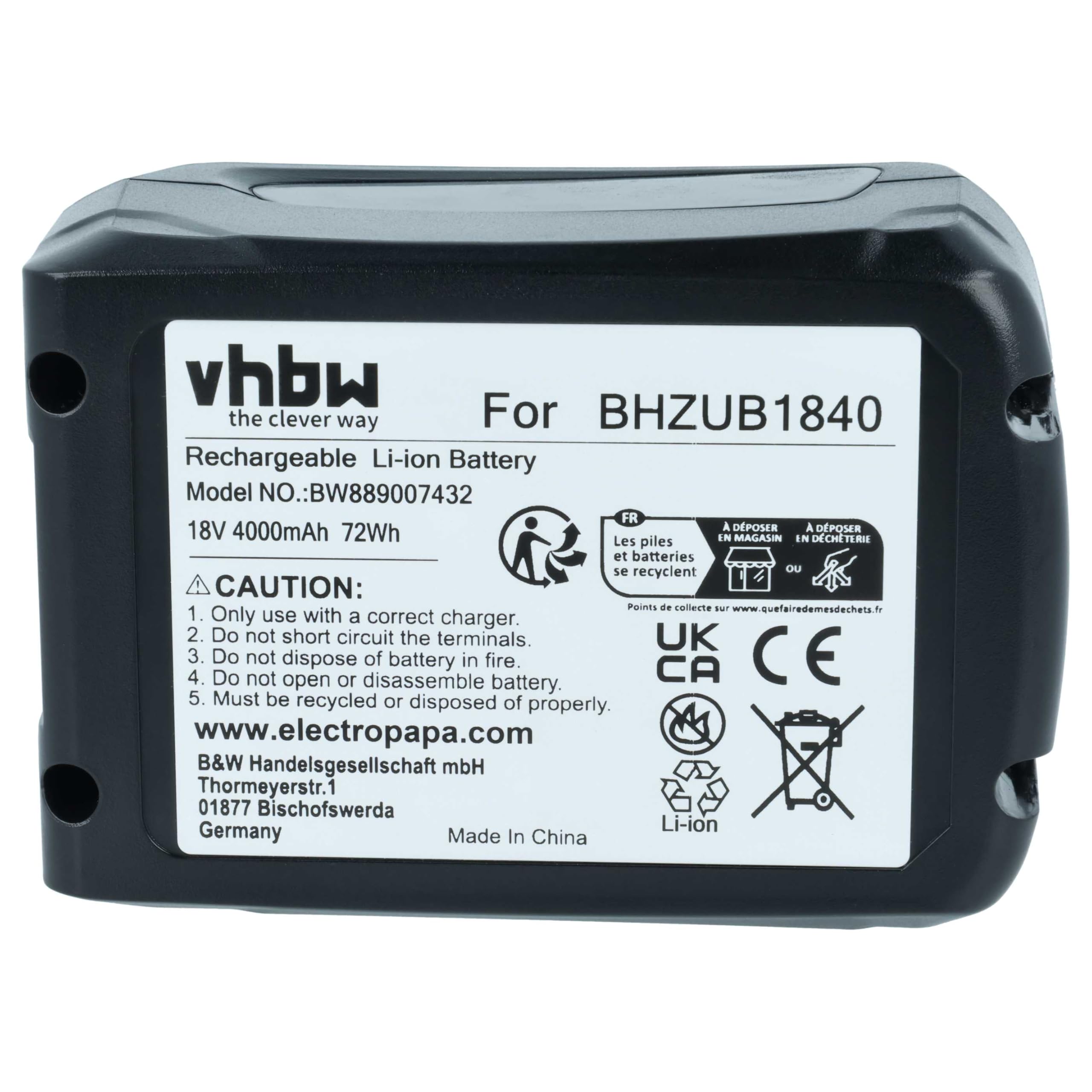 vhbw Akumulator zamienny do Bosch BHZUB1840 do odkurzacza, czarny (4000 mAh, 18 V, litowo-jonowy)