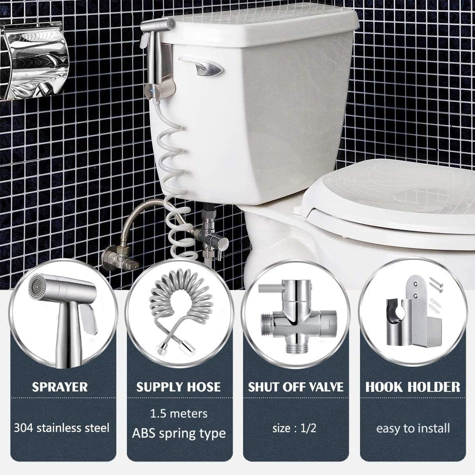 Bidet, ręczny spryskiwacz toaletowy, podwójny tryb (Jet/Stream), do prysznica, łazienki, higieniczny, do czyszczenia pieluch, z wężem sprężynowym G1/2" i zaworem G3/8"