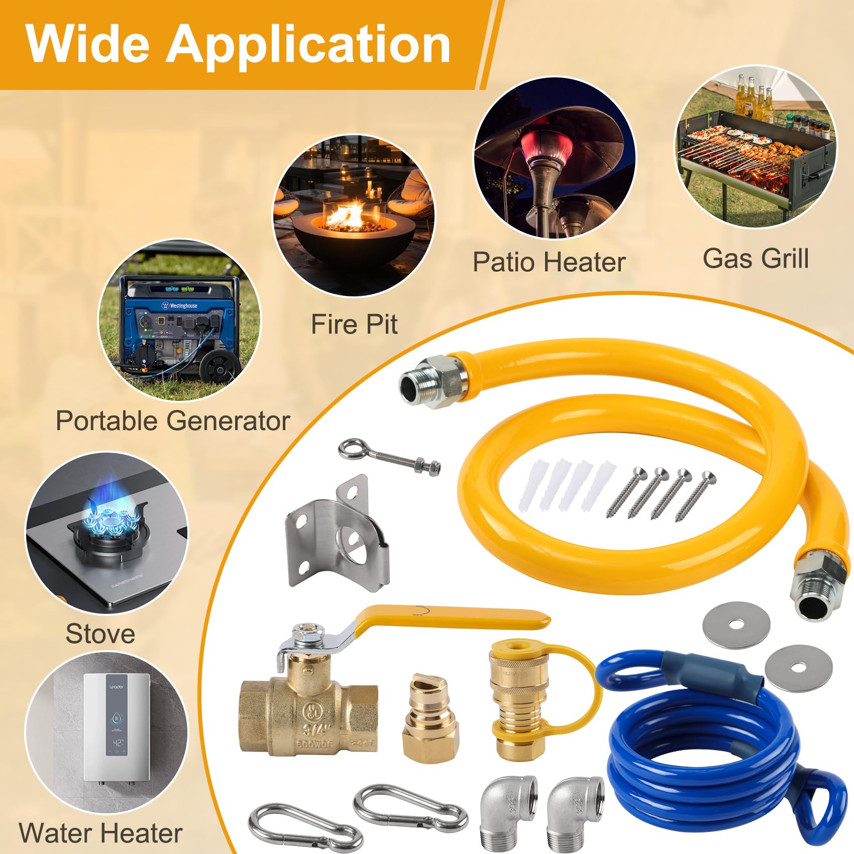 1675kit48 - Manguera de línea de gas para cocina comercial, línea flexible de gas de 3/4 pulgadas, kit de conector de manguera de gas móvil de 48 pulgadas con 2 codos, amarillo