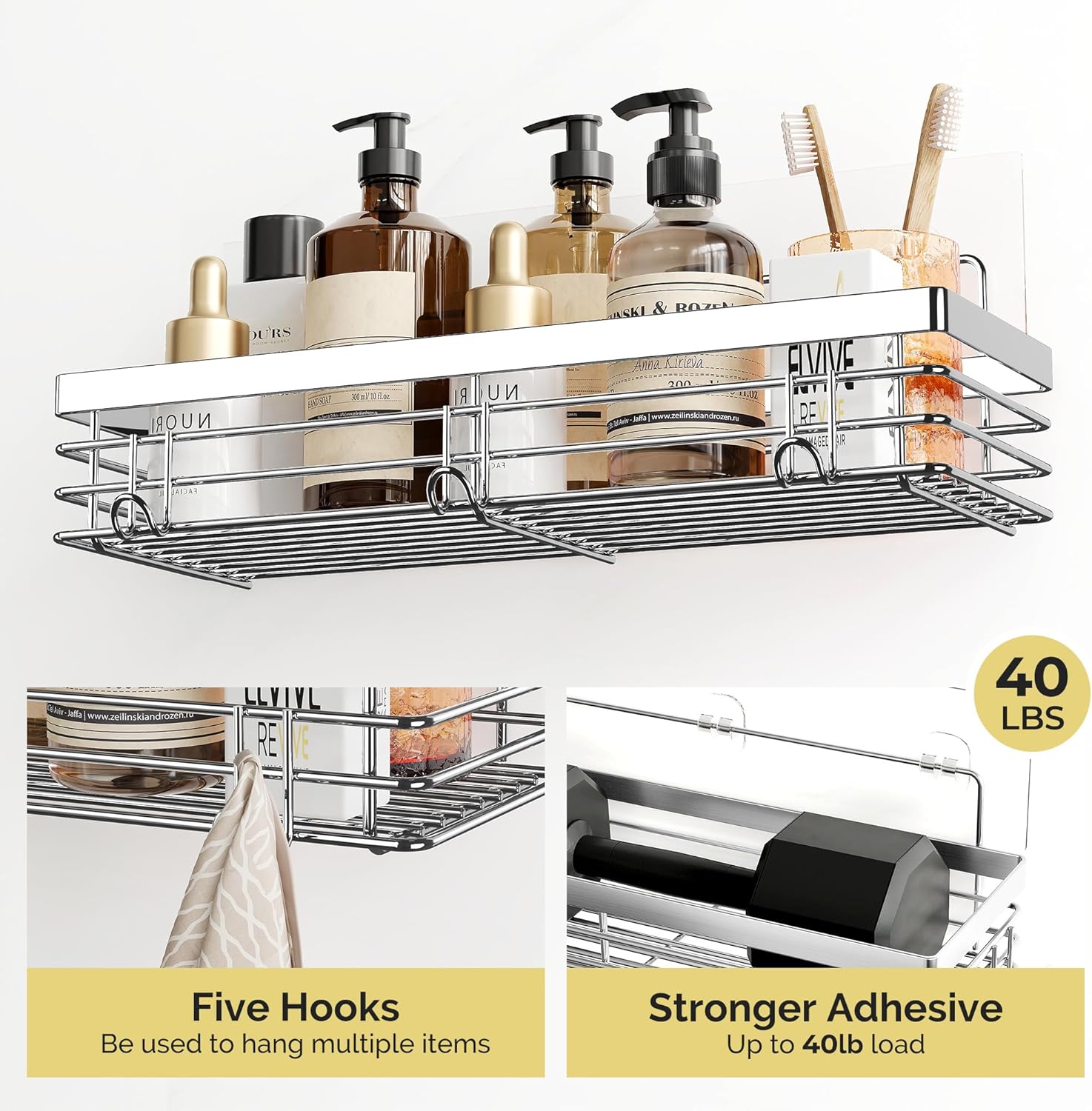 Orimade Adhesive Shower Caddy Soap Dish Holder Shelf with 5 Hooks Bathroom Organizer Basket Kitchen Storage Rack Wall Mounted No Drilling Stainless Steel - 3 Pack,Silver