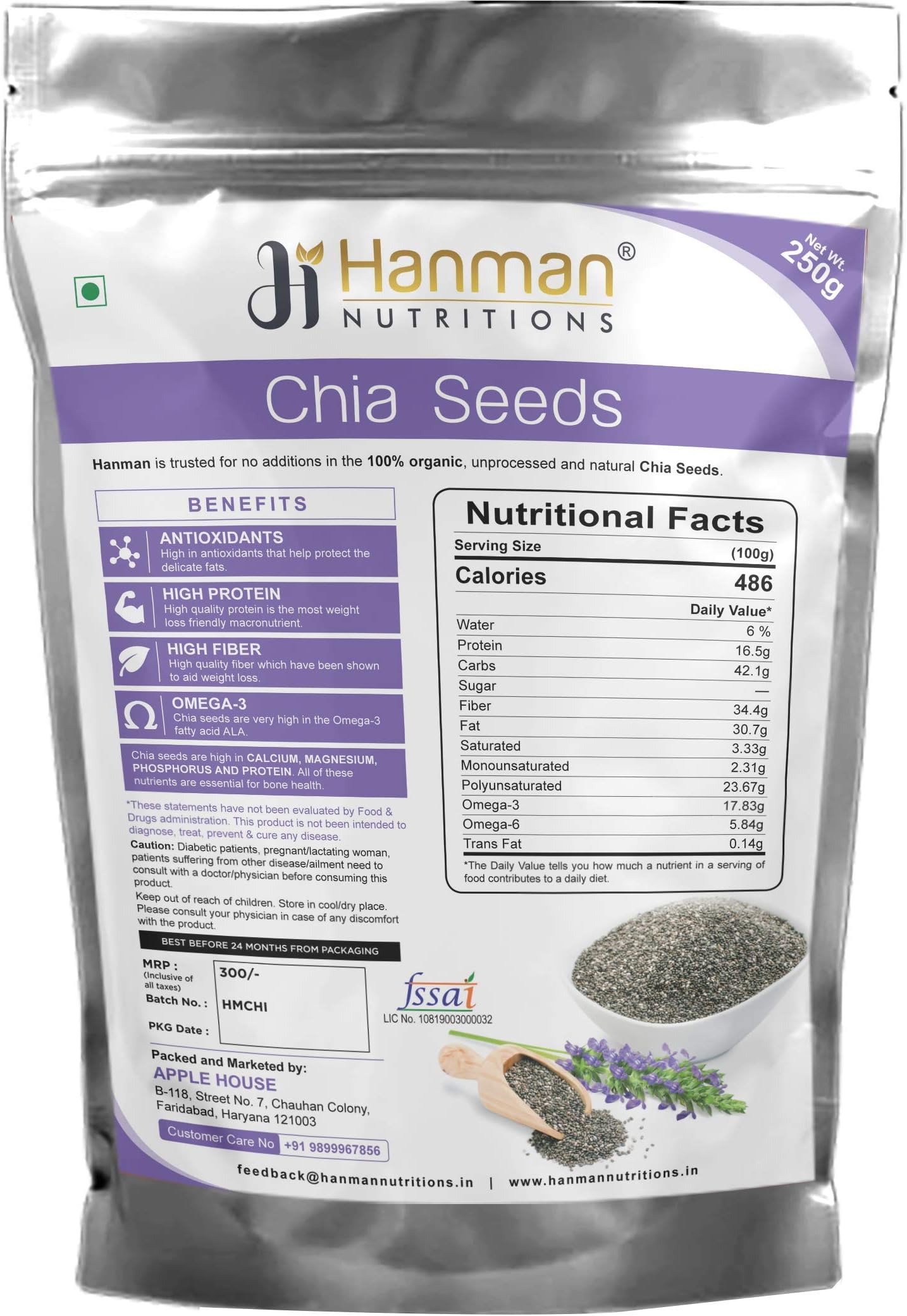 Hanman Nutritions Raw Organic Chia Seeds with Omega 3 And Fiber For Weight Loss (250 gm)