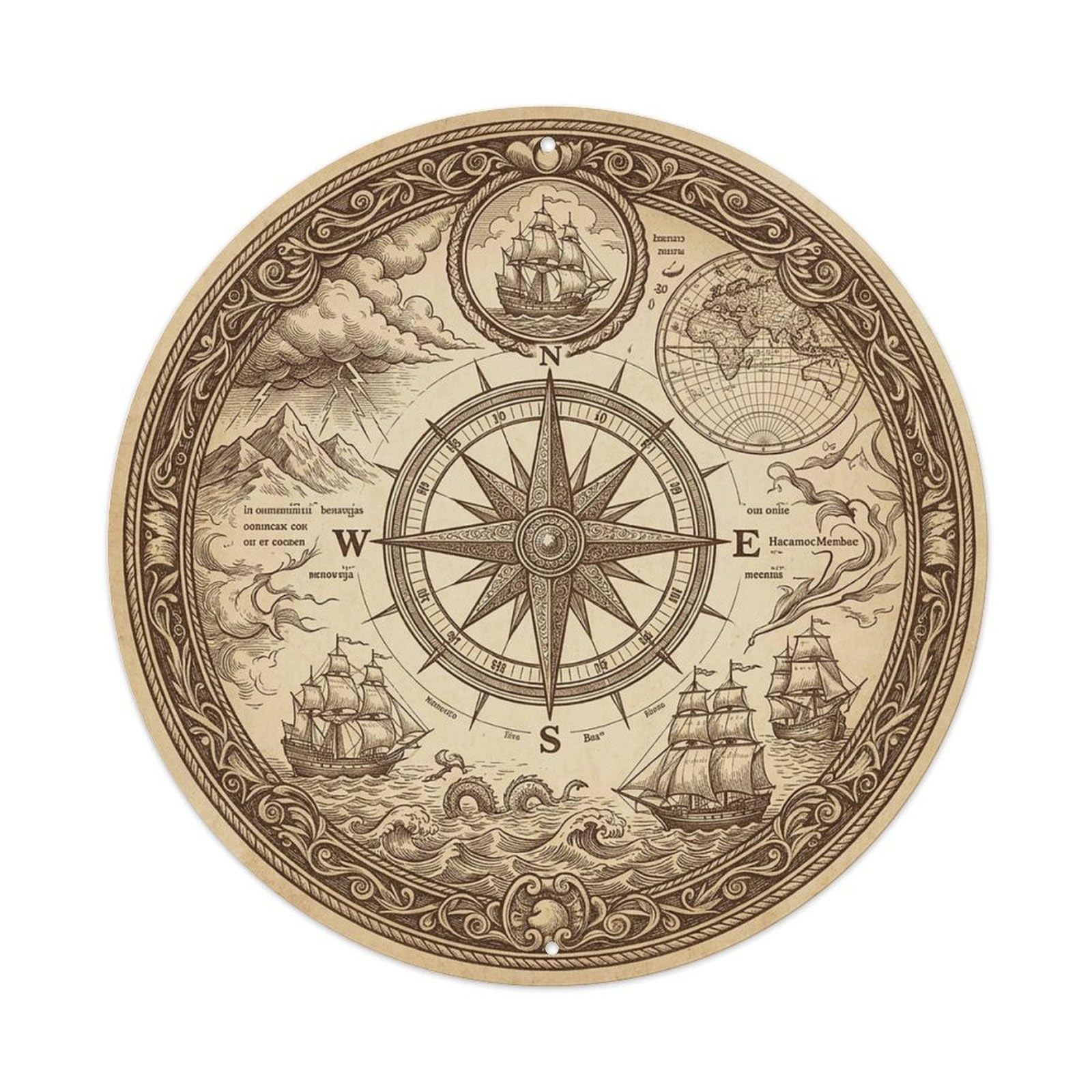 Vintage Nautical Compass World Map Helm Chronicle Metal Tin Sign