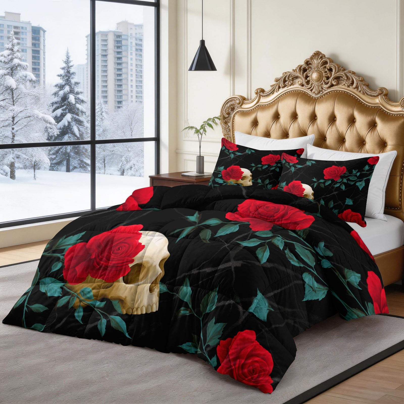 Générique Trapunta 200 x 200 cm reversibile nero elegante teschio fiori stampati 4 stagioni per letto matrimoniale - Piumino reversibile Edredon senza fodera leggero caldo