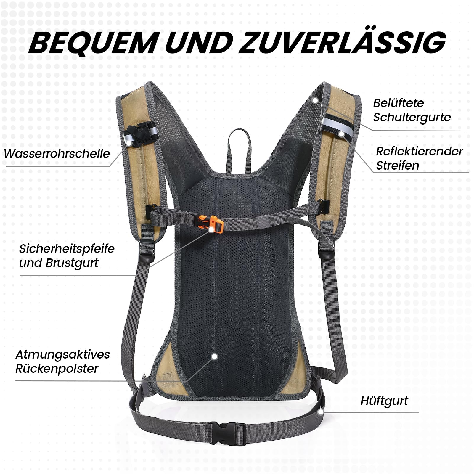 Nepest Mochila de hidratación de 8 l – Mochila para bicicleta y esquí con bolsa de hidratación de 2 l, ideal para MTB, correr y esquiar, pecho ajustable y correa de cintura con silbato de seguridad
