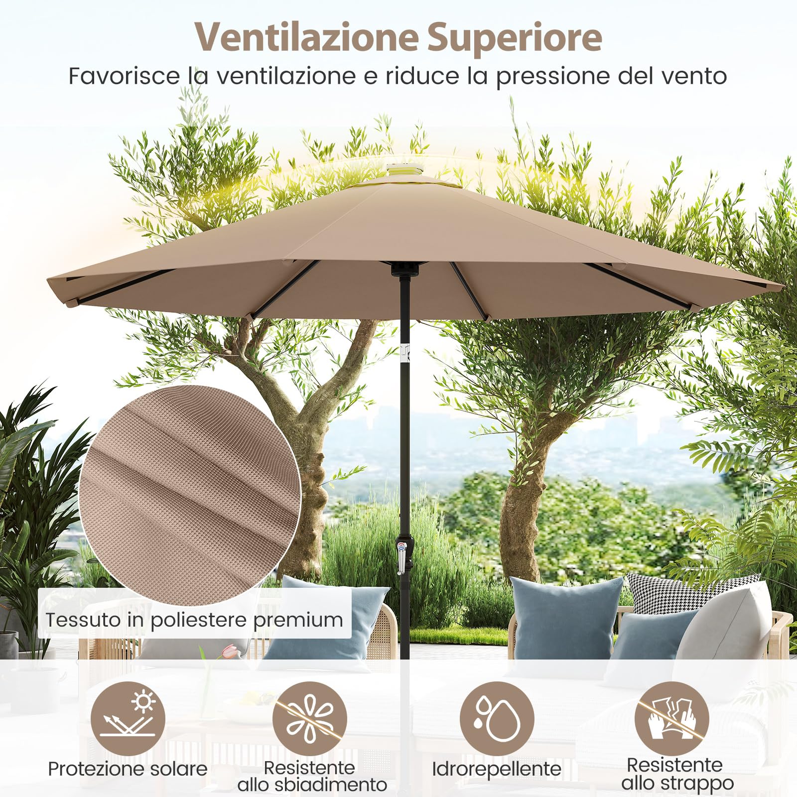 COSTWAY Ombrellone da Esterno 288 cm, con 96 Luci LED, Ombrellone Giardino con Inclinazione Regolabile, Manovella, 8 Stecche e Top Ventilato, Parasole da Mercato per Giardino Spiaggia (Marrone)