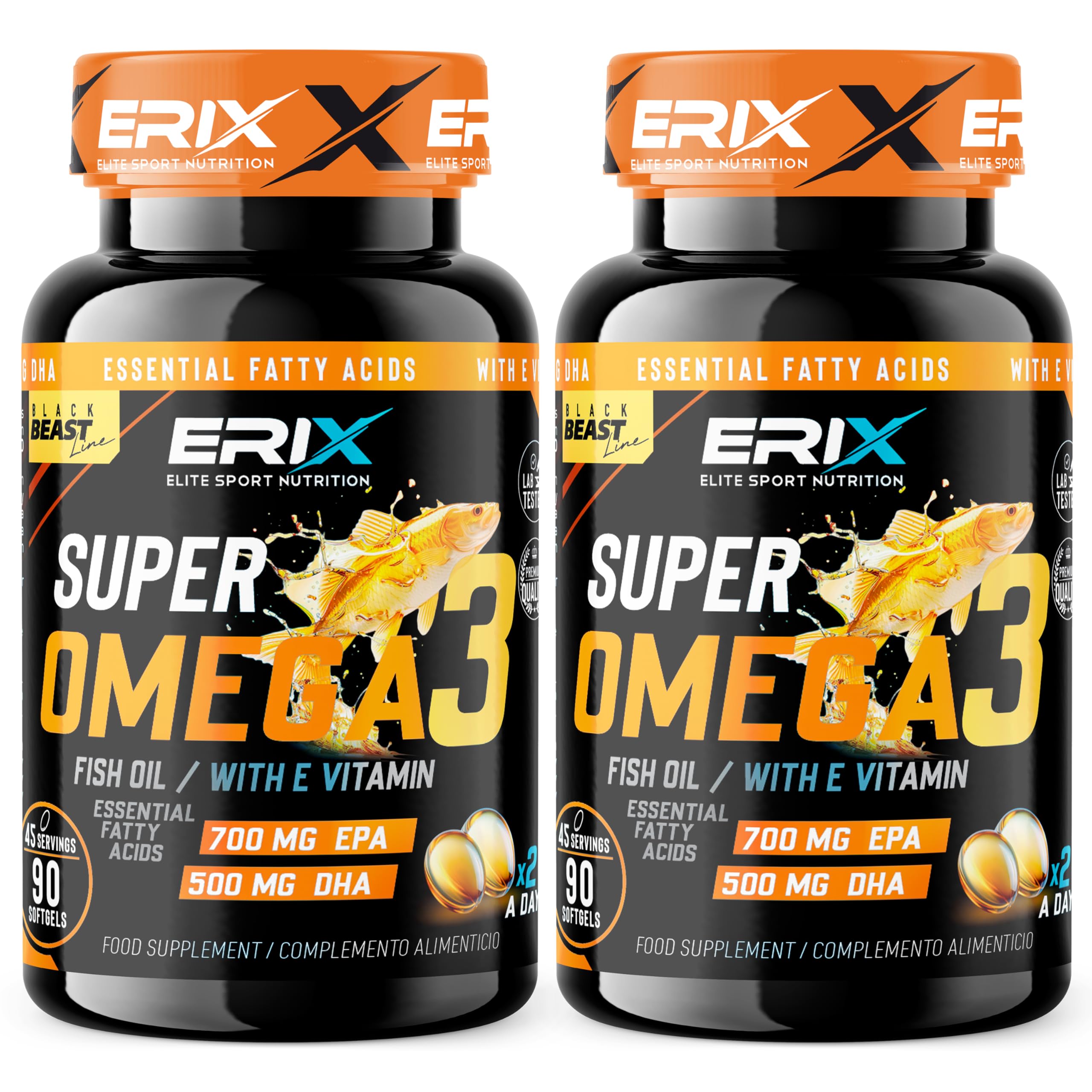 ERIX Nutrición Super Omega 3 Alta Concentración 2000mg - Pack de 2 (180 Perlas) - 700mg EPA y 500mg DHA - Suministro para 3 Meses - Máxima Pureza con Vitamina E - Nutrifight