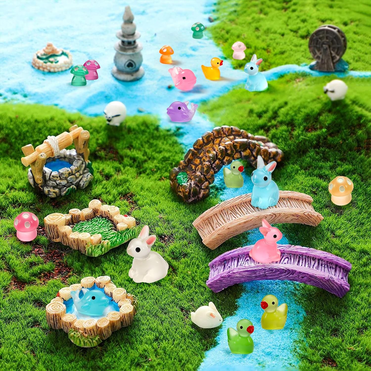 VZZNN 148 Pcs Easter Luminous Mini Resin Animals Tiny Rabbits Ducks Dolphins Mushrooms Glow in The Dark Bulk Variety Pack for Garden Aquarium Dollhouse Fairy Garden Decor