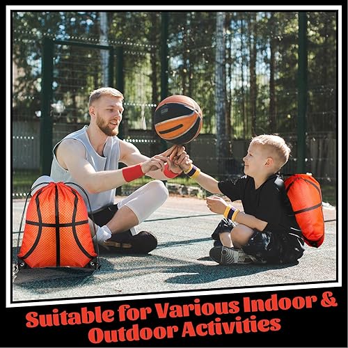 Miniatura 5 de Juego de 124 piezas de baloncesto para fiesta, 12 bolsas de baloncesto con cordón de 13 x 17 pulgadas, 12 mini bolas antiestrés, 100 calcomanías,