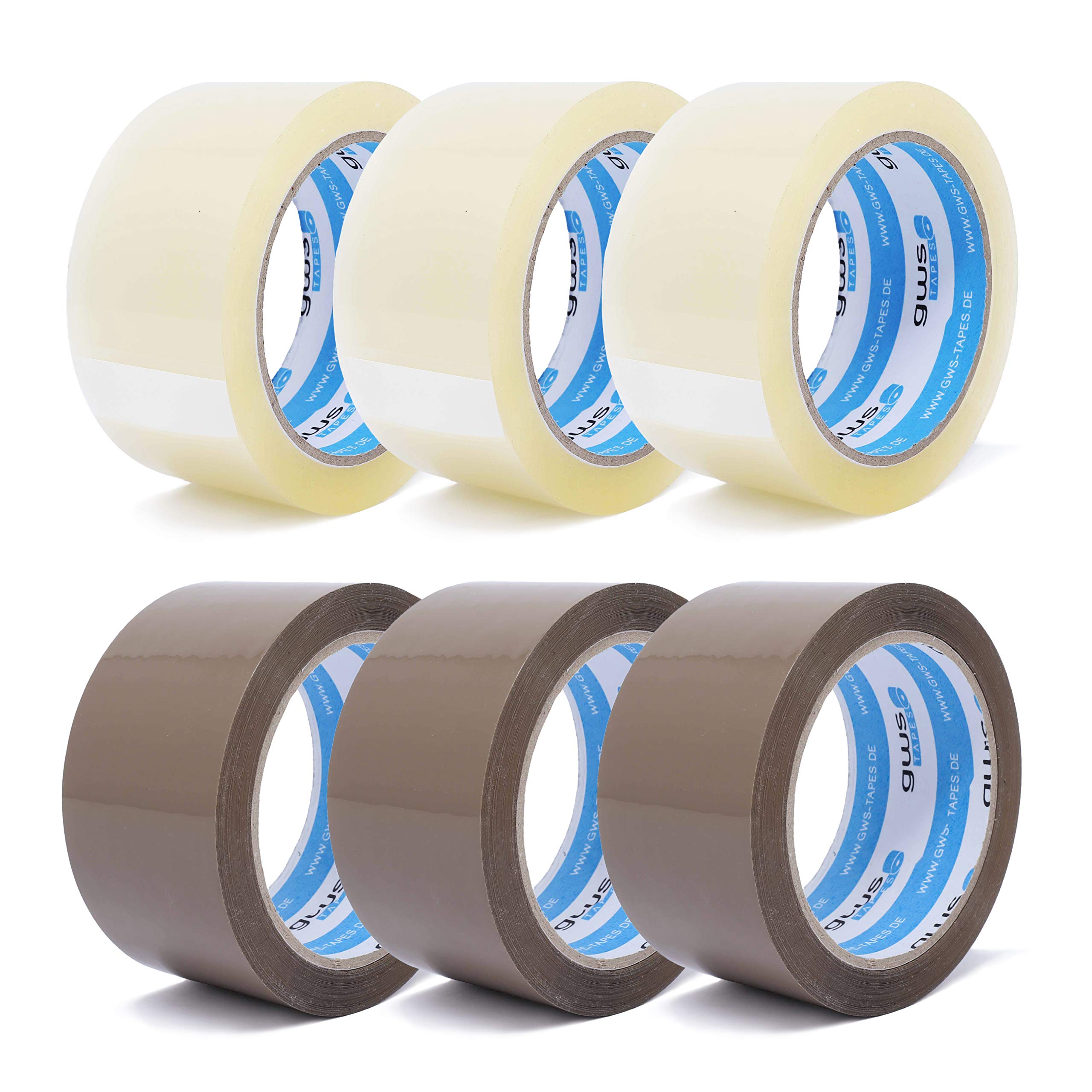 gws Paketklebeband 3 Rollen farblos + 3 Rollen braun Geräuscharmes Universalklebeband zum Verpacken von Paketen - Hohe Klebekraft - Profi-Qualität 66 m Länge 50 mm Breite