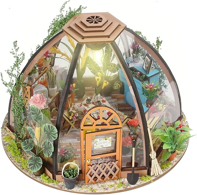 Cuteefun Miniature DIY Dolls House Kit, Miniature Greenhouse Craft Kit for Adults, LED Warm Light, Handmade Crafts for Adults Birthday Valentine's Day Father's Day(Starry Flower House)