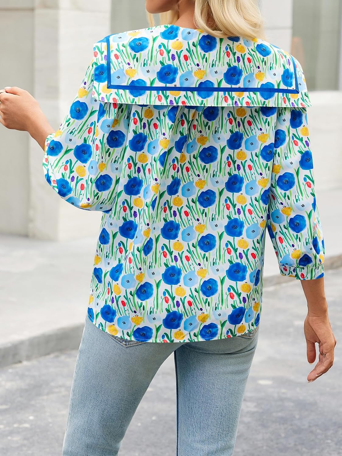 Cicy Bell Womens Floral Button Down Shirts Trendy Casual 3/4 Lantern Sleeve Blouse Square Neck Collared Tops - Image 7