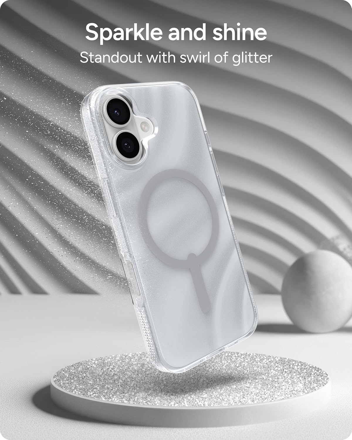 ZAGG Milan Snap Case for iPhone 17 - Silver Glitter Swirl, Graphene Strengthened Phone Case with Drop Protection (13ft/4m), Textured Edges & Sparkle Design, MagSafe Charging Compatible