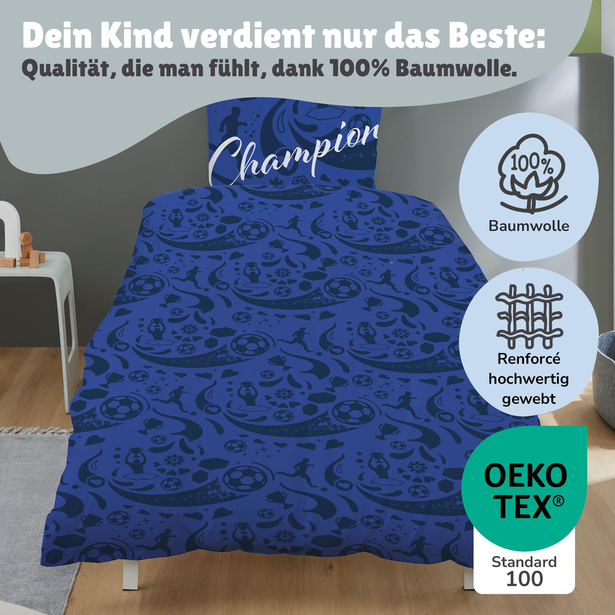 Familando – Fußball Bettwäsche-Set (2-teilig) – Decken- & Kissenbezug 135x200 cm & 80x80 cm mit Reißverschluss – 100% Baumwolle – Wendemotiv Champion – Atmungsaktiv & hautfreundlich - Öko-TEX