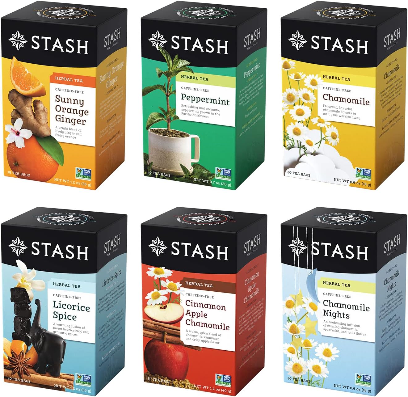 Stash Tea Soothing Herbal Tea 6 Flavor Variety Pack, 6 Boxes With 18-20 Tea Bags Each