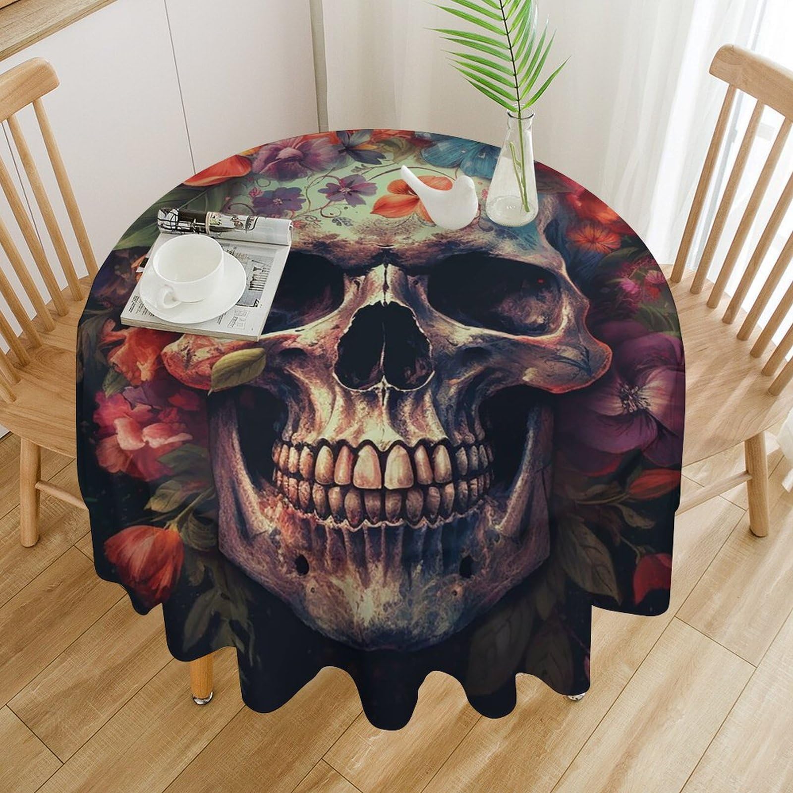 Nappe de table ronde pour terrasse et banquet motif floral crâne