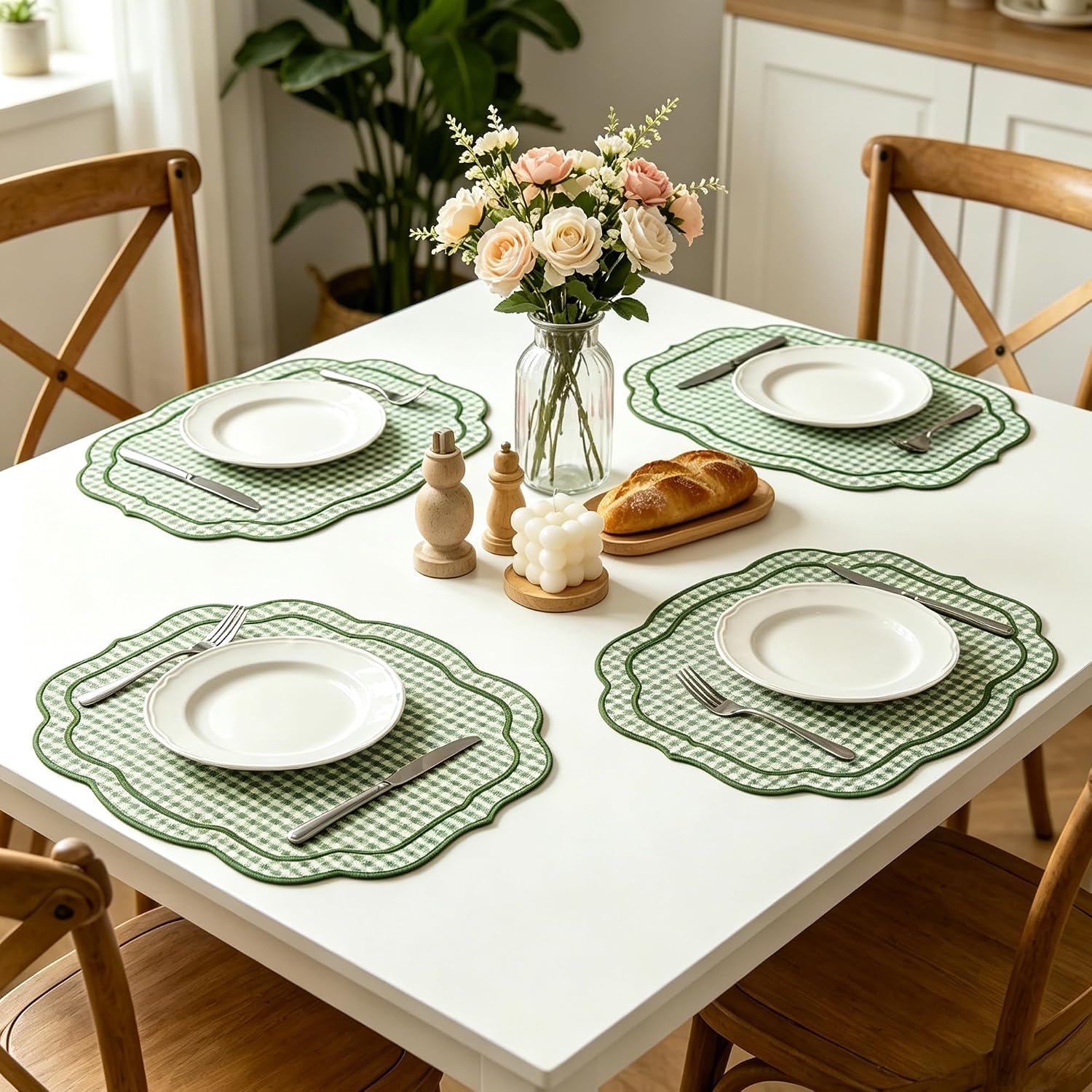 Gingham Placemats Set of 4, Double Layer Embroidered Scalloped Edge Table Mats, Washable Cotton Linen Checkered Place Mats for Kitchen Dining Table Decor (Green)