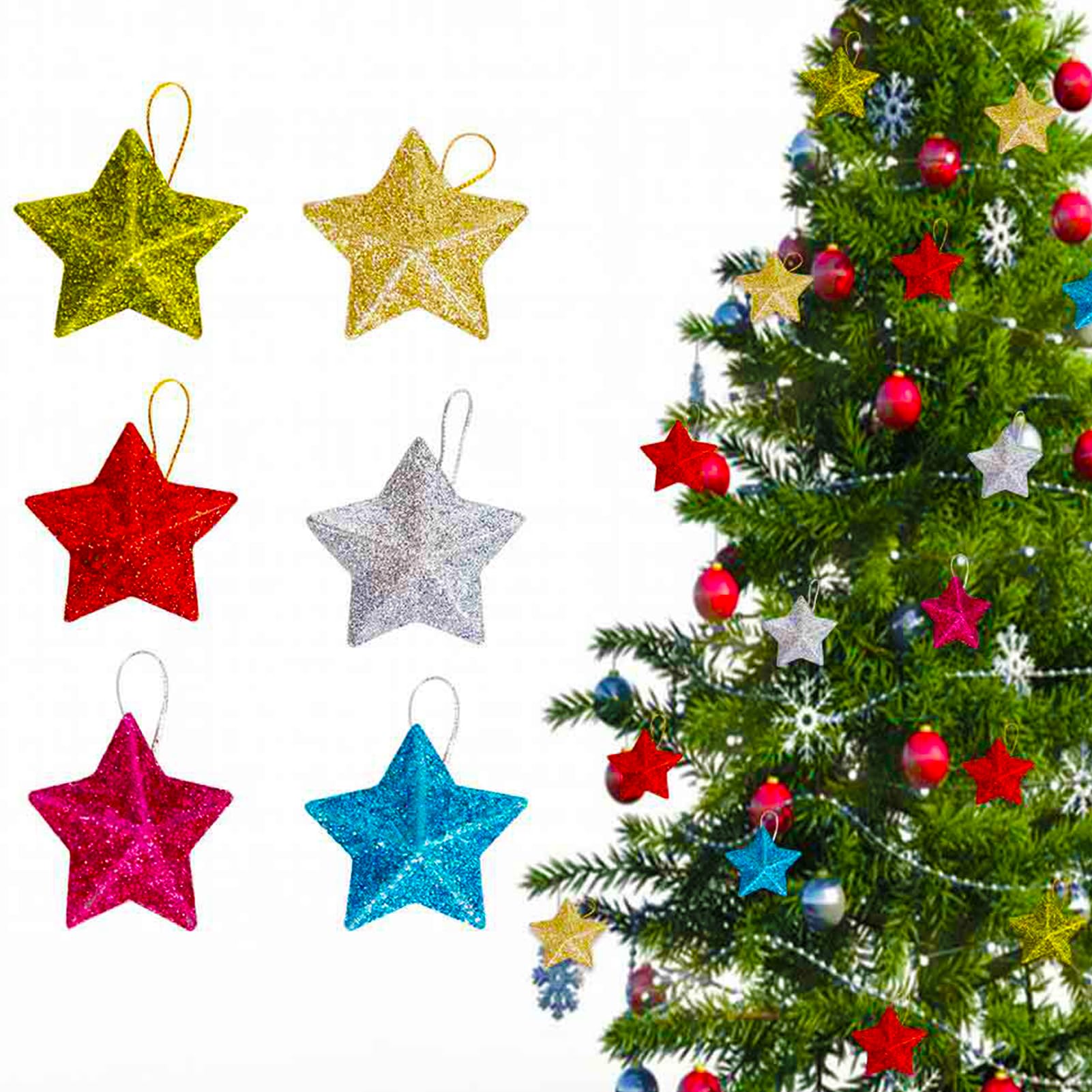 24 Pcs Christmas Tree Ornaments Set - Glitter Stars & Colorful Star Ornaments for Tree & New Year Party