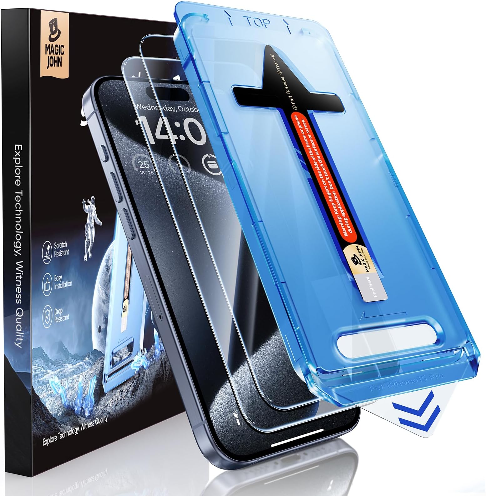 - MAGIC JOHN 2 Pack for iPhone 15 Pro (6.1 inch) Tempered Glass Screen Protector, Auto Dust-Elimination Installation, Bubble Free, Dynamic Island Compatible, HD Clear, Easy Installation