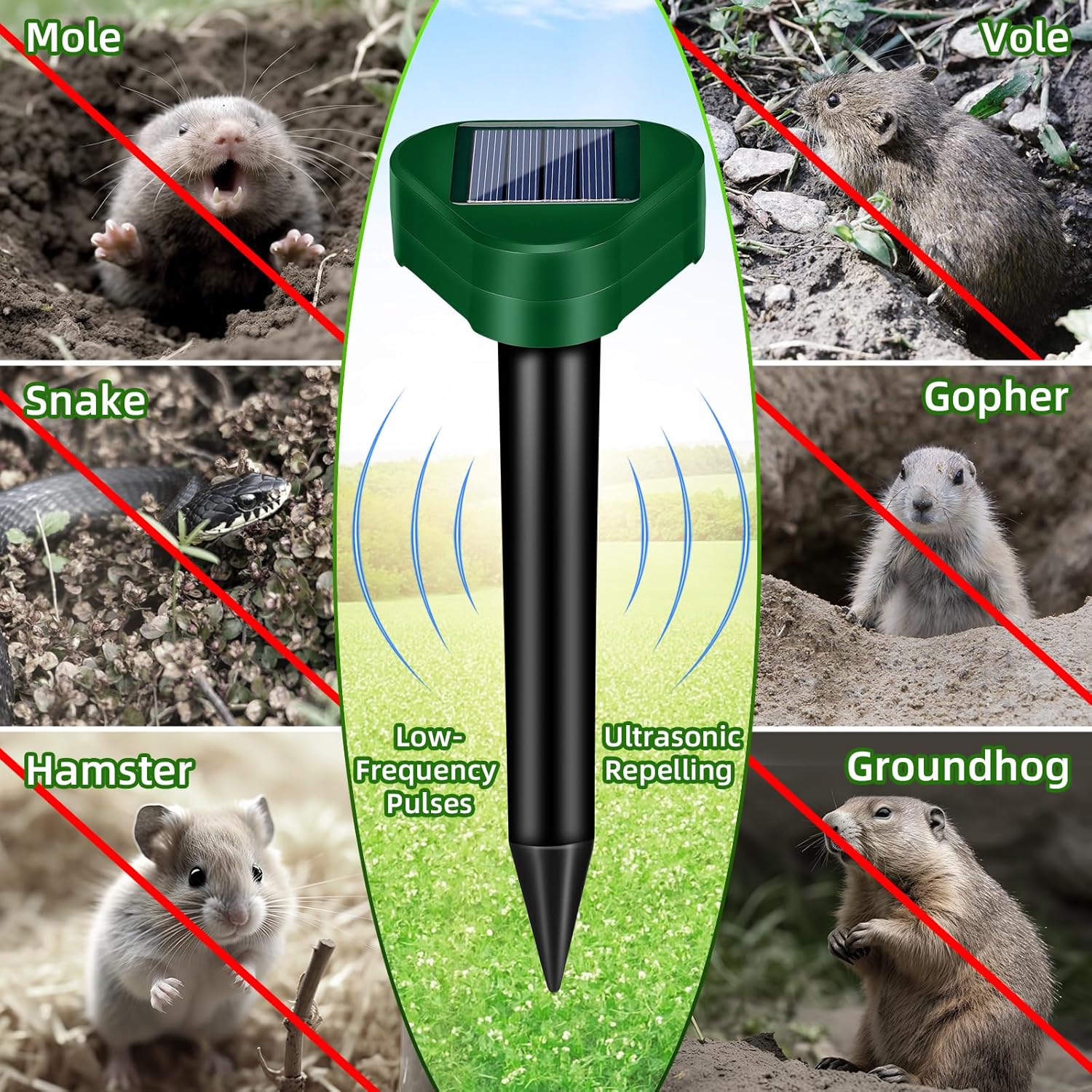8Pack Rat Mole Repellent for Lawns, Solar Ultrasonic Groundhog Chipmunk Repeller Outdoor, Gopher Snake Repellent for Yard, Sonic Rodent and Vole Deterrent Spikes for Squirrel Armadillo Garden