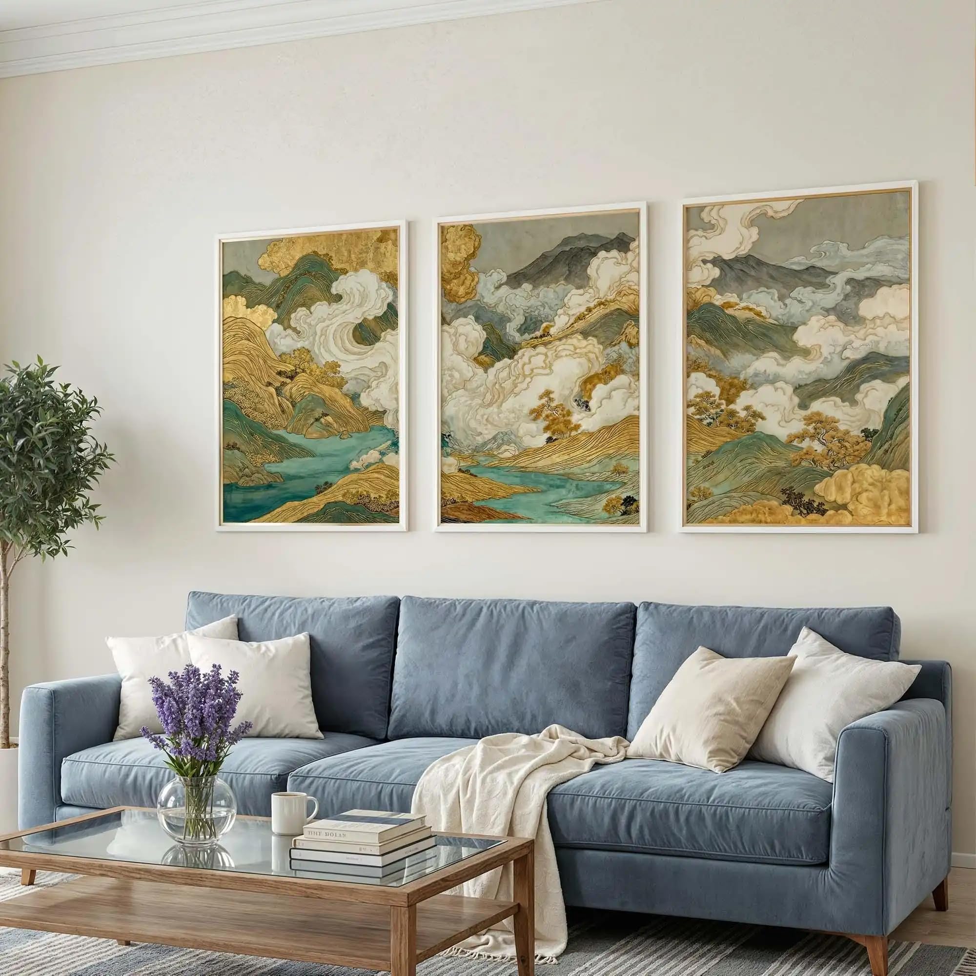 Ltjiajuypd Frameless Landscape Wall Art Gold Teal Mountain River Prints Asian Zen Decor Bedroom Above Bed Poster(40X55cm-3Pcs)