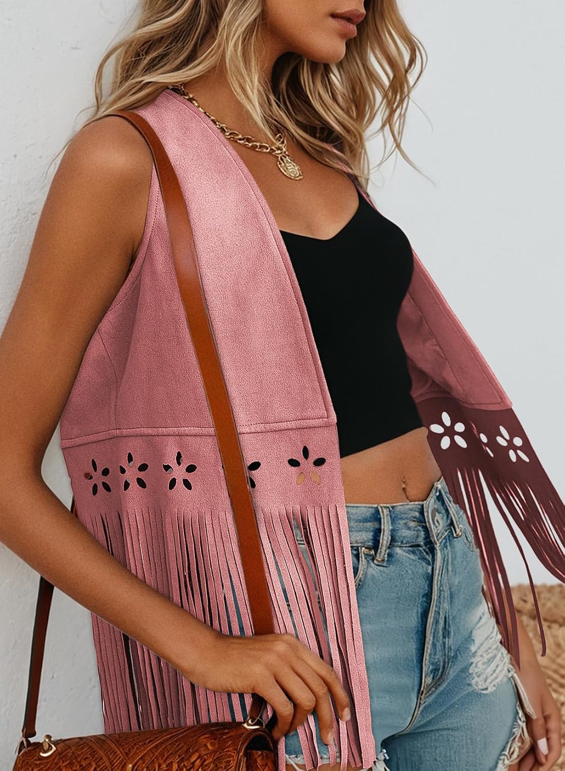 Dokotoo Womens Fringe Vest Cowgirl Western Outfits 70s Hippie Costume Sleeveless Hollow Out Faux Suede Tassel Outerwear