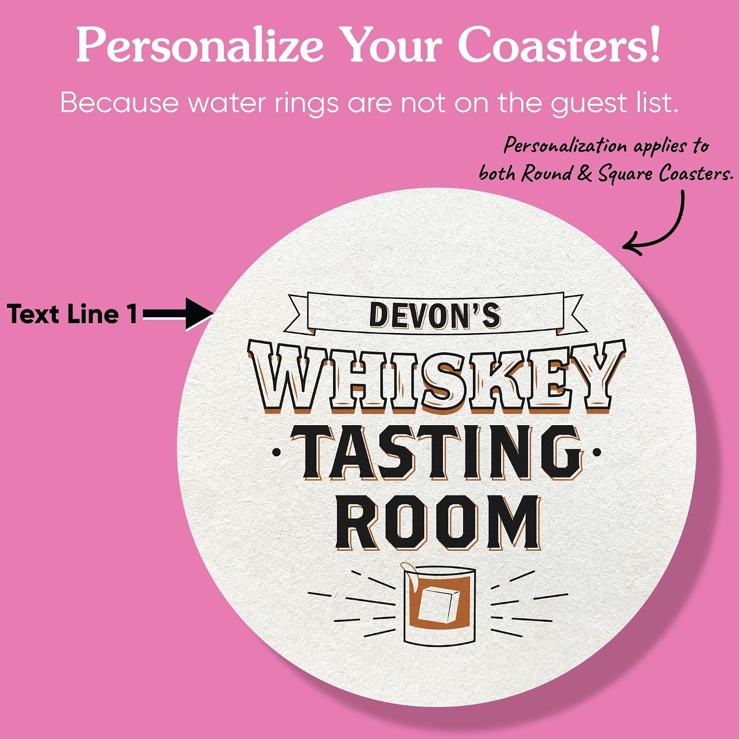Big Dot of Happiness Personalized Whiskey Tasting Room Drink Coasters, 4-Inch Disposable Round Paper Coasters for Home Bar Accessories, Custom Funny Cocktail Table Decor for Drinks - Set of 25