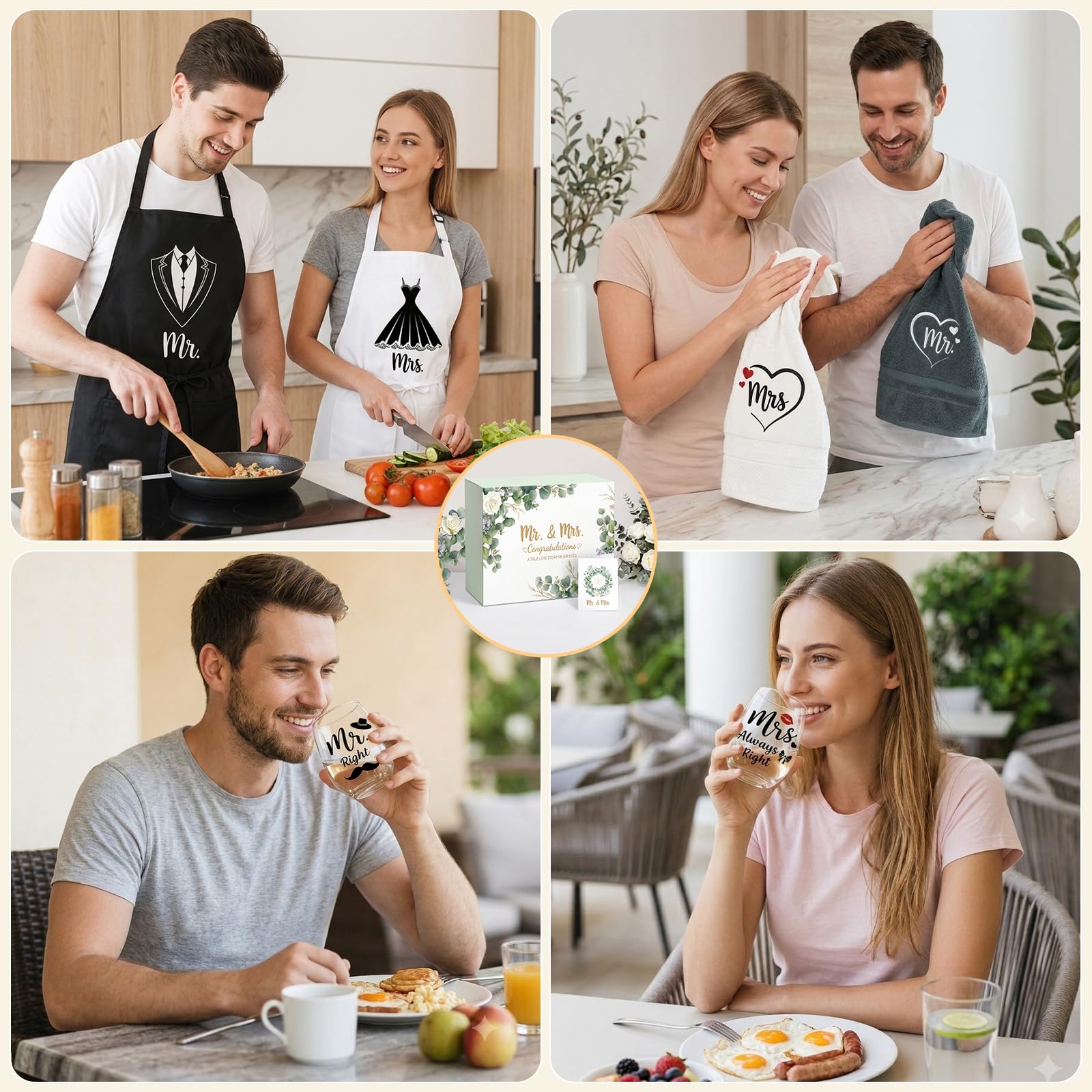 MOTONG Hochzeitsgeschenke für Brautpaar, 7 in 1 Geschenk Hochzeit Mr Mrs Personalisierte Gläser Schürze Handtuch und Karte, Hochzeitstag Verlobungsgeschenk Paar Geschenke Pärchen Jahrestag Geschenk