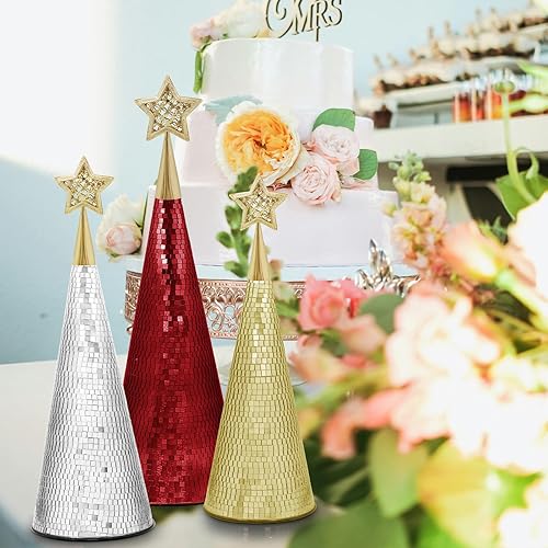 Miniatura 4 de Juego de 3 árboles de Navidad de cristal rojo, verde y plateado, 17, 15, 13 pulgadas, pequeño árbol de Navidad hecho a mano, decoración de discoteca