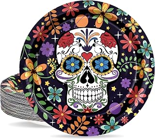 Halloween Paper Plates Day of The Dead Disposable Plates 9 Inch Mexican Sugar Skull Tableware Dinner Plates for Home Party Decor, 50Pcs