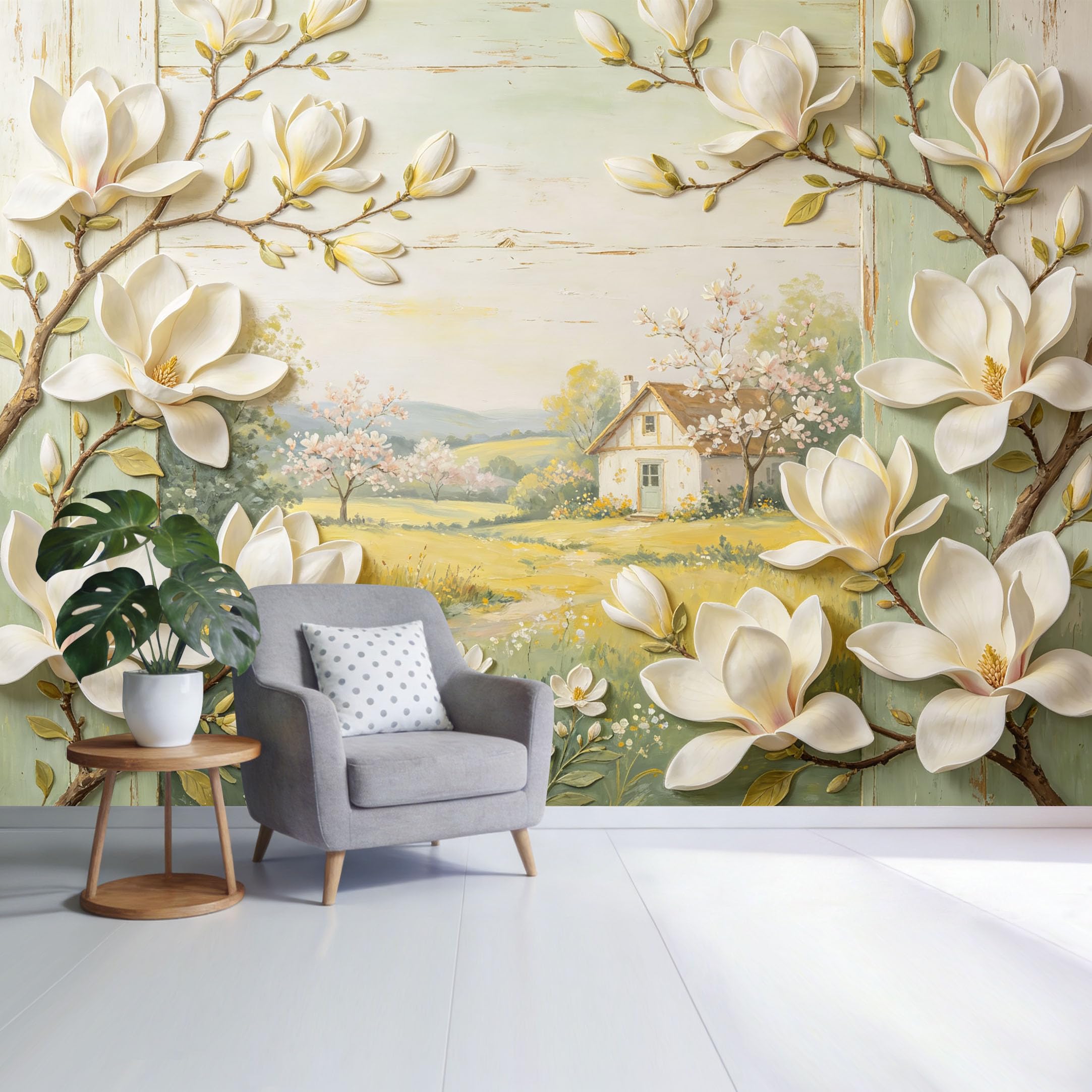 Custom Size Wall Mural Magnolia Blossom Cottage Landscape Botanical Oil Painting Style SelfAdhesive Wall Fabric Removable Wallpaper for Home Office Decor