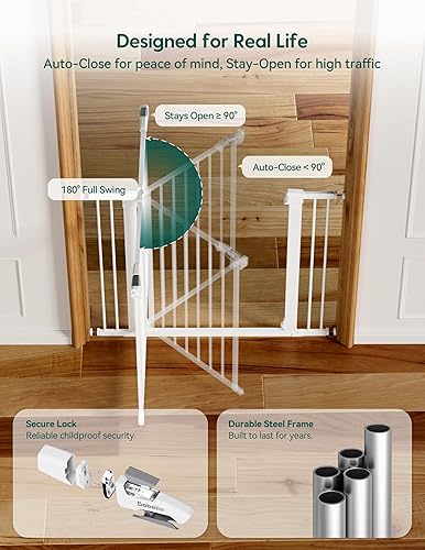 Miniatura 6 de Babelio - Puerta de bebé de metal, de 74-109 cm, con cierre automático, fácil de instalar, puerta para mascotas PressGuard P7, puerta de seguridad