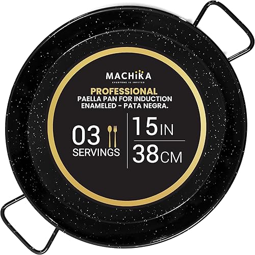 Miniatura 7 de Machika Paella antiadherente de acero esmaltado, 17 pulgadas, compatible con inducción, 5 porciones, ideal para restaurantes, catering, eventos