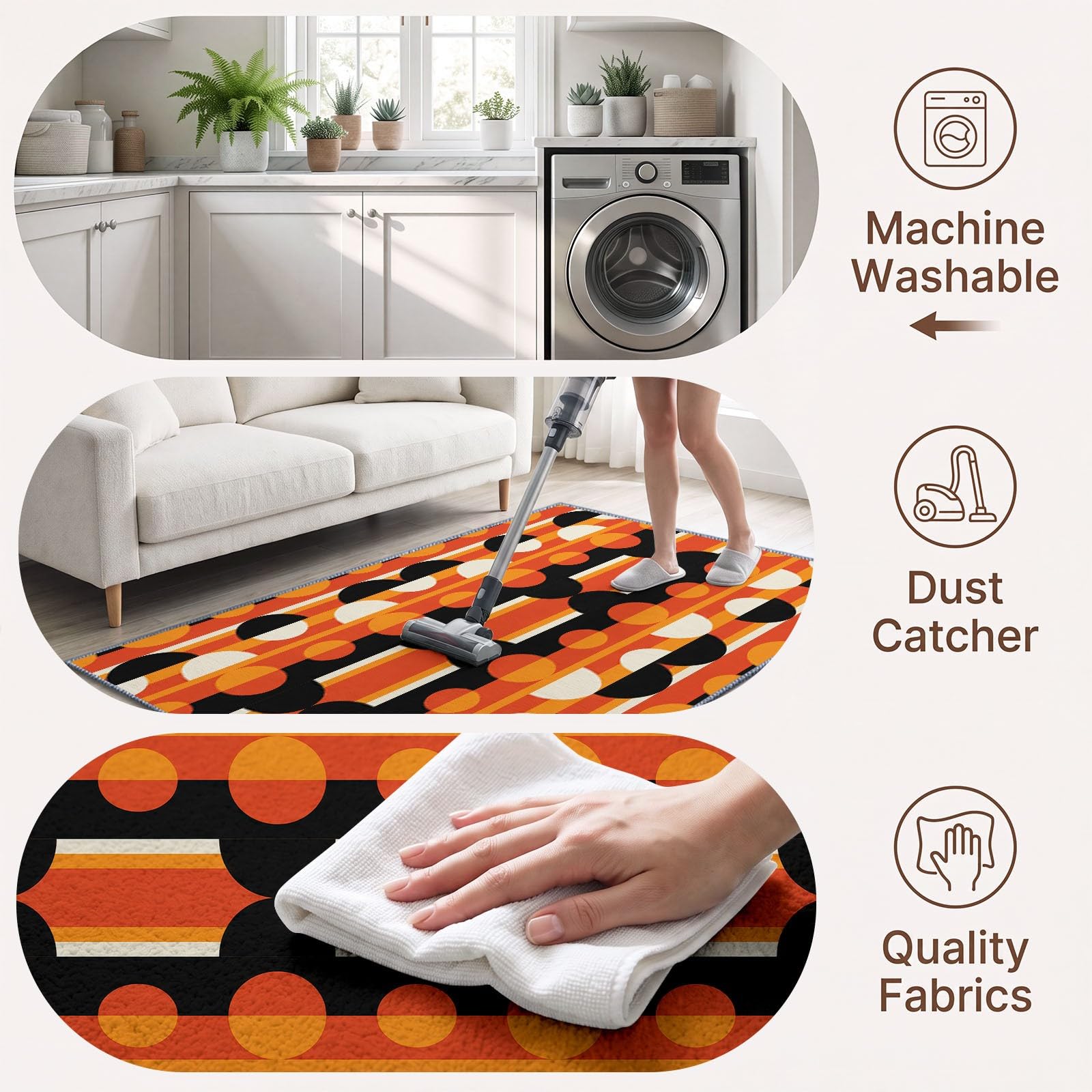 Tapis Salon Lavable en Machine Rayures Géométriques Rétro Semi Circulaires Tapis de Chambre à Poils Courts, Antidérapant Doux Poil Ras Rug, Idéal pour Chambre d'enfant, Couleur Orange, 160 x 230 cm