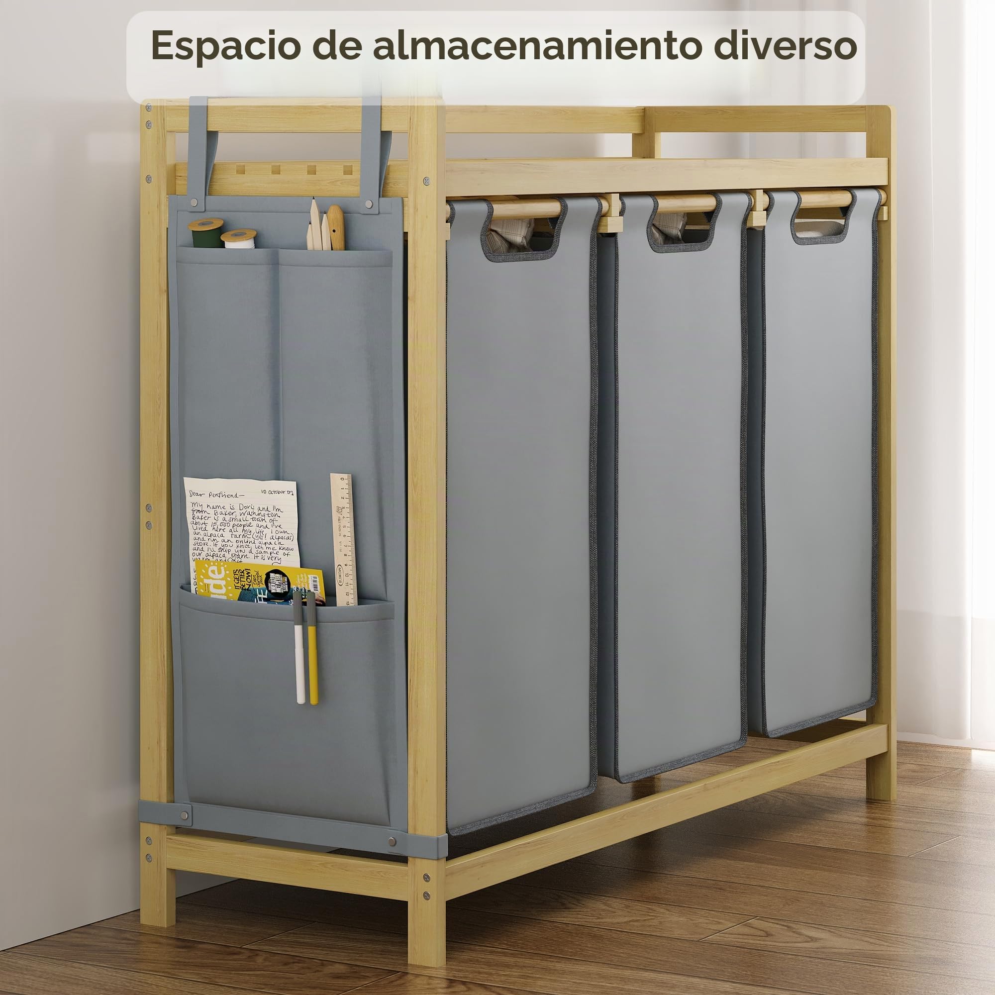 Cesto para Ropa Sucia de Bambú de 3 Compartimentos, 150L con Estante, Bolsas de Tela Extraíbles y Bolsillos Laterales, 94x33x78 cm, Gris