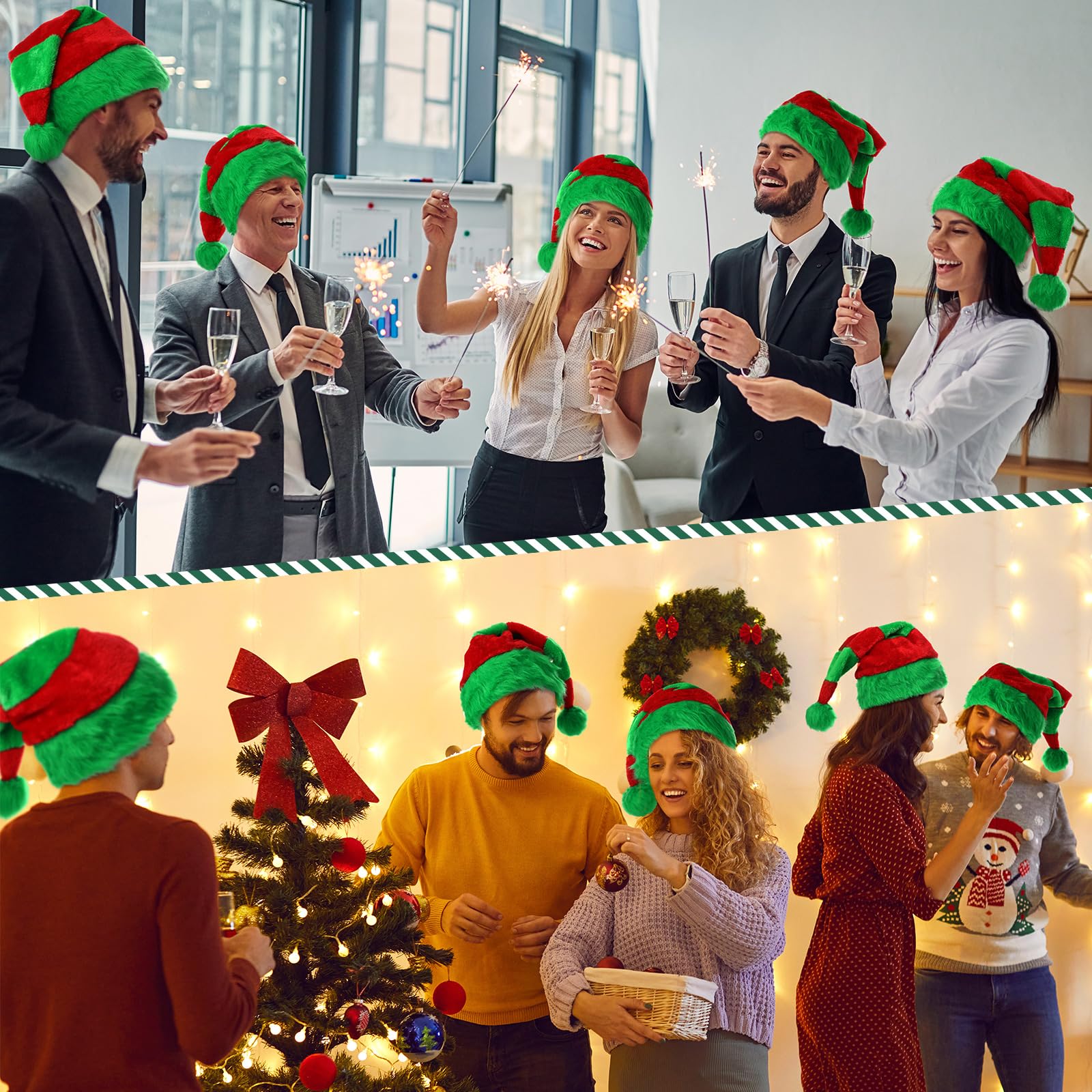 Kenning Sombrero de Papá Noel, 4 piezas, sombrero de Navidad a rayas verdes y rojas, sombrero de Papá Noel de felpa de Papá Noel, sombrero de elfo de Navidad esponjoso para mujeres y hombres