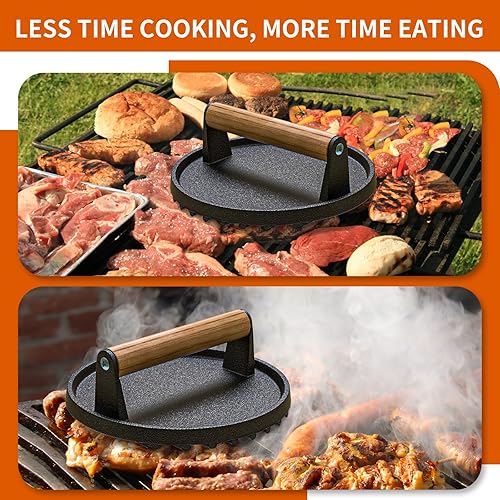 Miniatura 6 de Prensa de hamburguesas, prensa redonda de hierro fundido resistente de 7.08 pulgadas, carne con mango de madera para piedra negra, accesorios para