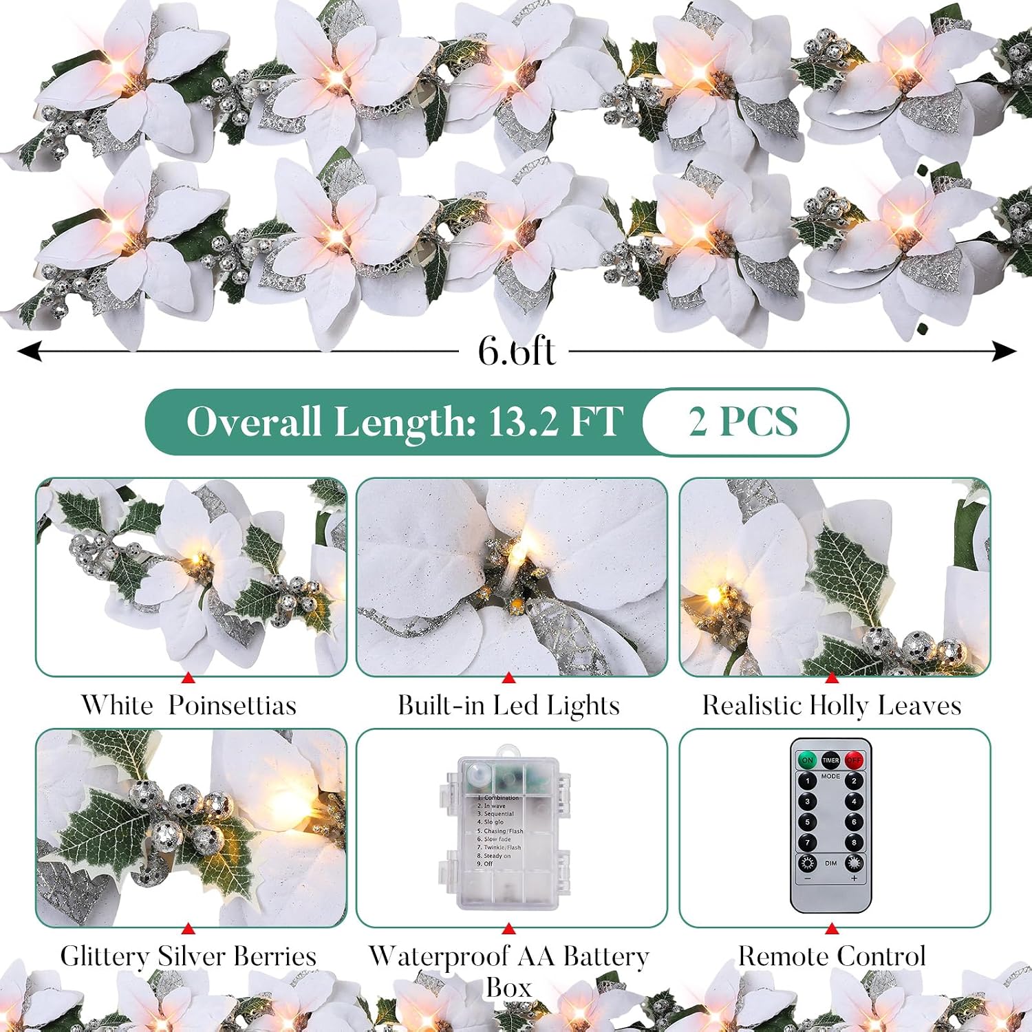 Zubebe 2 Pcs Prelit Poinsettia Christmas Garland with String Lights Glitter Holly Leaves Berries Remote Timer 8 Modes 6.5 ft Lighted Flower Garland Battery Operated Indoor Outdoor Decor(White)