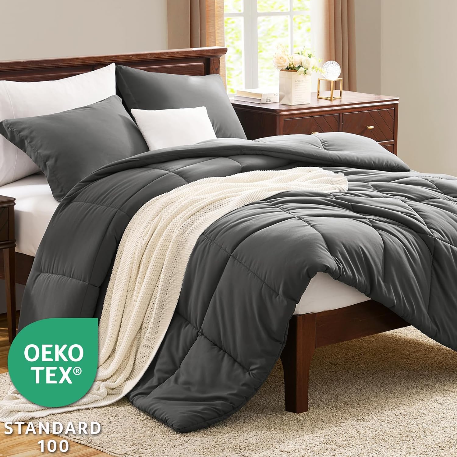 CozyLux Queen Comforter Set - Dark Grey Comforter Queen Size, 3 Pieces Box Stitched Bed Set for All Seasons, Soft Lightweight Bedding Sets with 1 Down Alternative Comforter and 2 Pillow Shams - Image 3
