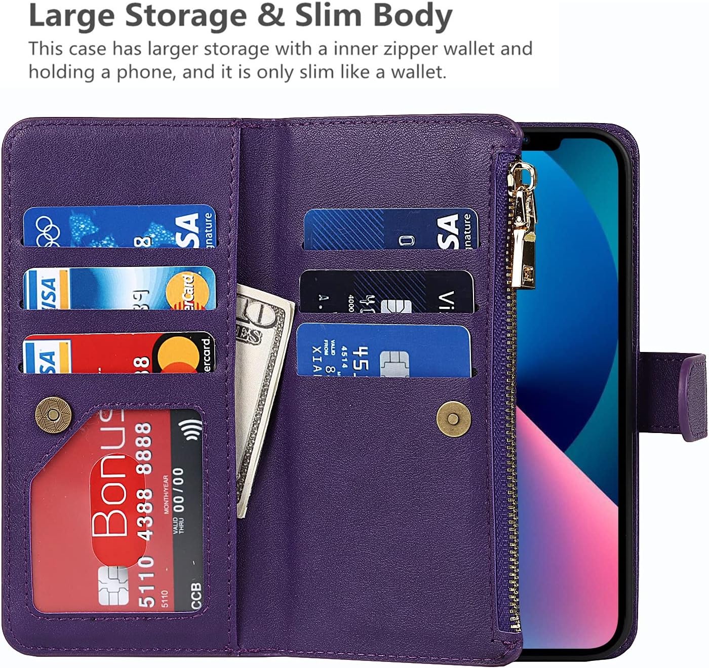 iCoverCase for iPhone 13 Wallet Case with Card Holder and Adjustable Crossbody Lanyard, PU Leather Kickstand Card Slots [Not Detachable] Flip Cover Case 6.1 Inch (Purple)