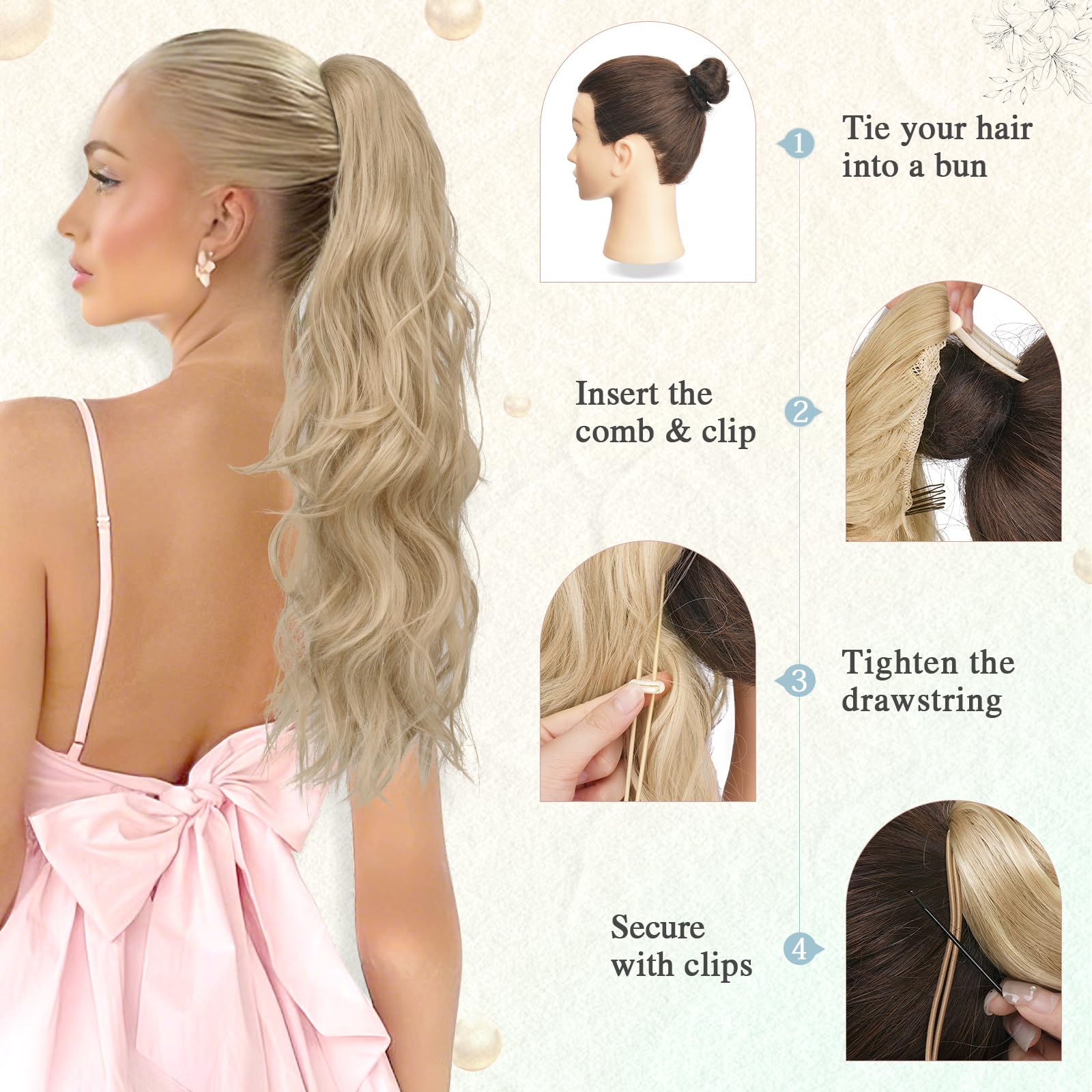 Sofeiyan Cola de Caballo Extensiones con Cordón, 60 cm Ondulado Extensiones Pelo Natural Coleta Postiza Sinteticas Peines Clip in Postizos de Pelo para Mujer, Rubio Ceniza Mixto