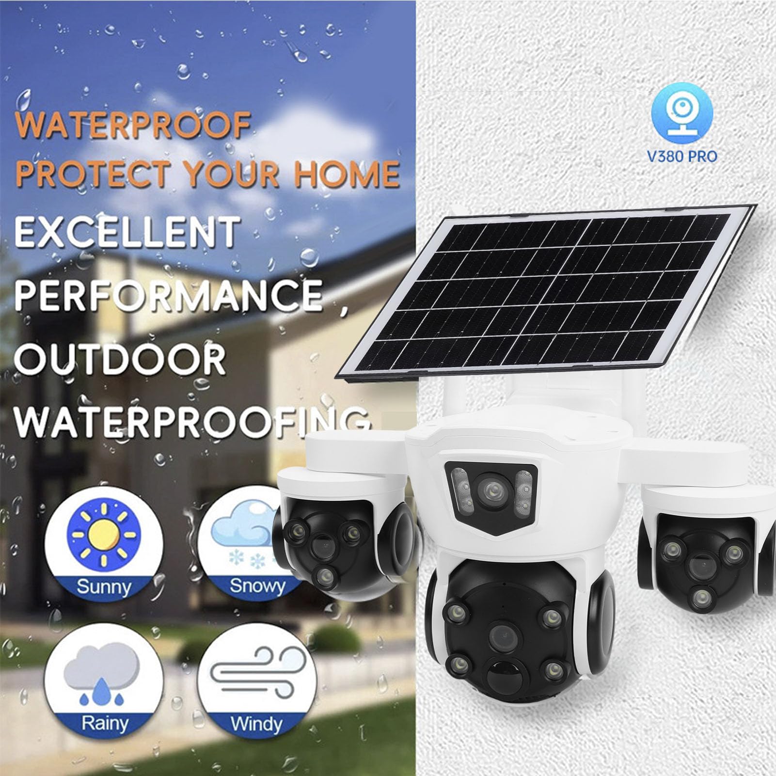 Denash Caméra de sécurité Solaire à Triple Objectif, Caméra PTZ Extérieure 4G avec Panneau Solaire 8 W et Batterie 8 000 MAh, Alerte de Détection de Mouvement Humain pour la (Version Asie-Pacifique)