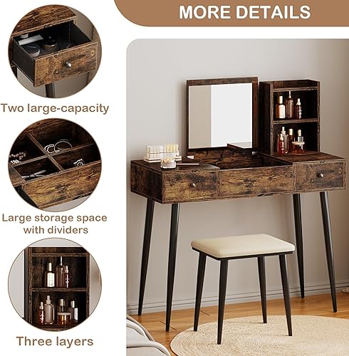 Miniatura 4 de SogesHome Juego de mesa de tocador con tapa abatible, tocador de maquillaje con espejo con 2 cajones y taburete acolchado y 3 estantes de