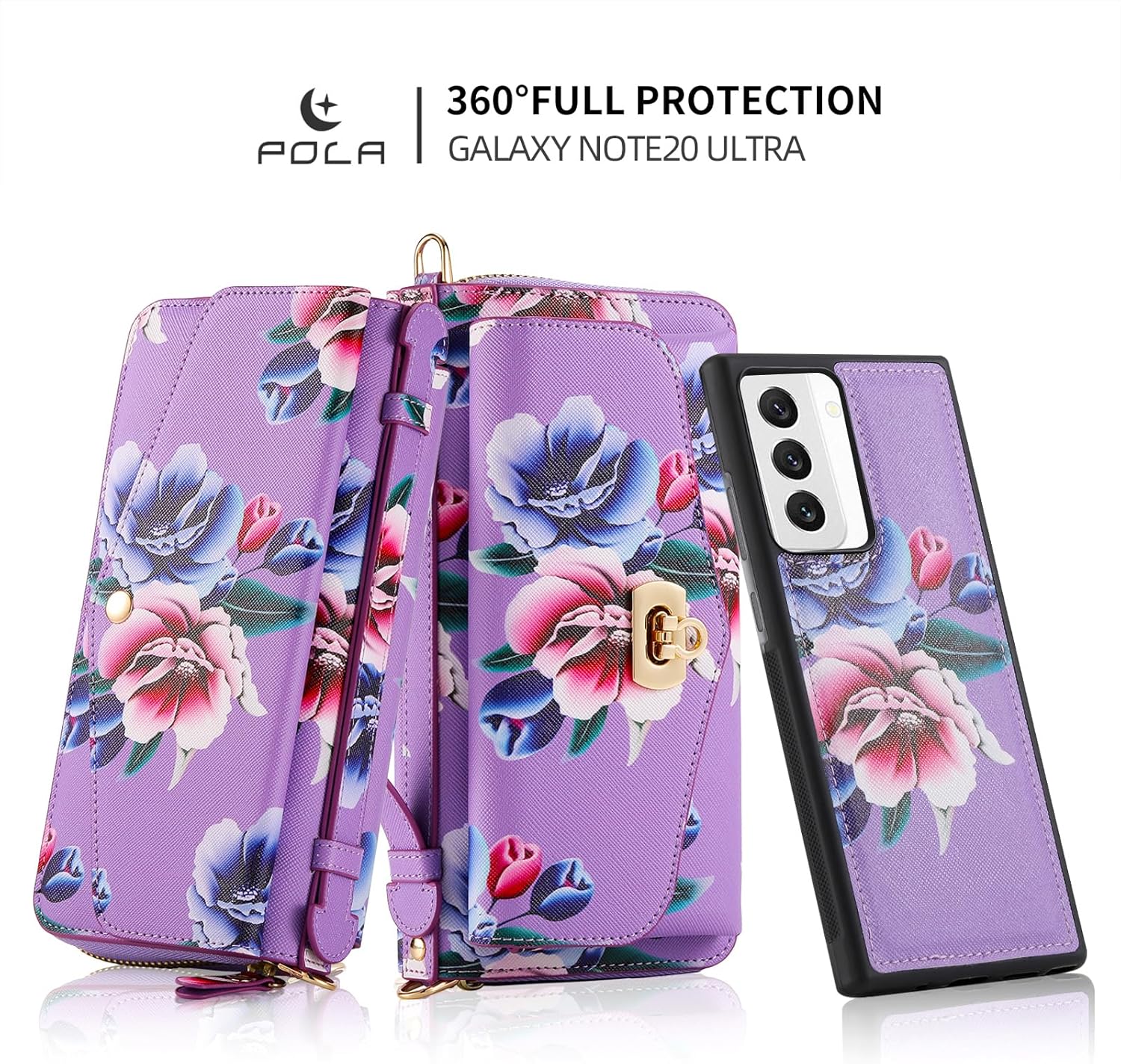 Wallet Case for Samsung Galaxy S22 Plus S22+ 5G Detachable Crossbody Shoulder Strap Floral PU Leather Wristlet Mirror Flip Zipper Purse Phone Cover for S22+5G S22plus 22S+ S 22 22+ Girls Purple